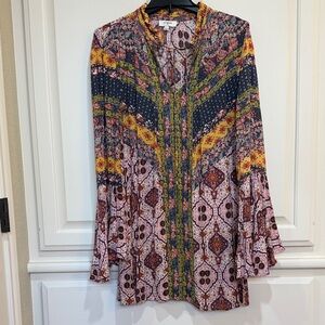 Umgee Multicolor Boho Printed Long Sleeve Tunic - Navy, Yellow, Pink